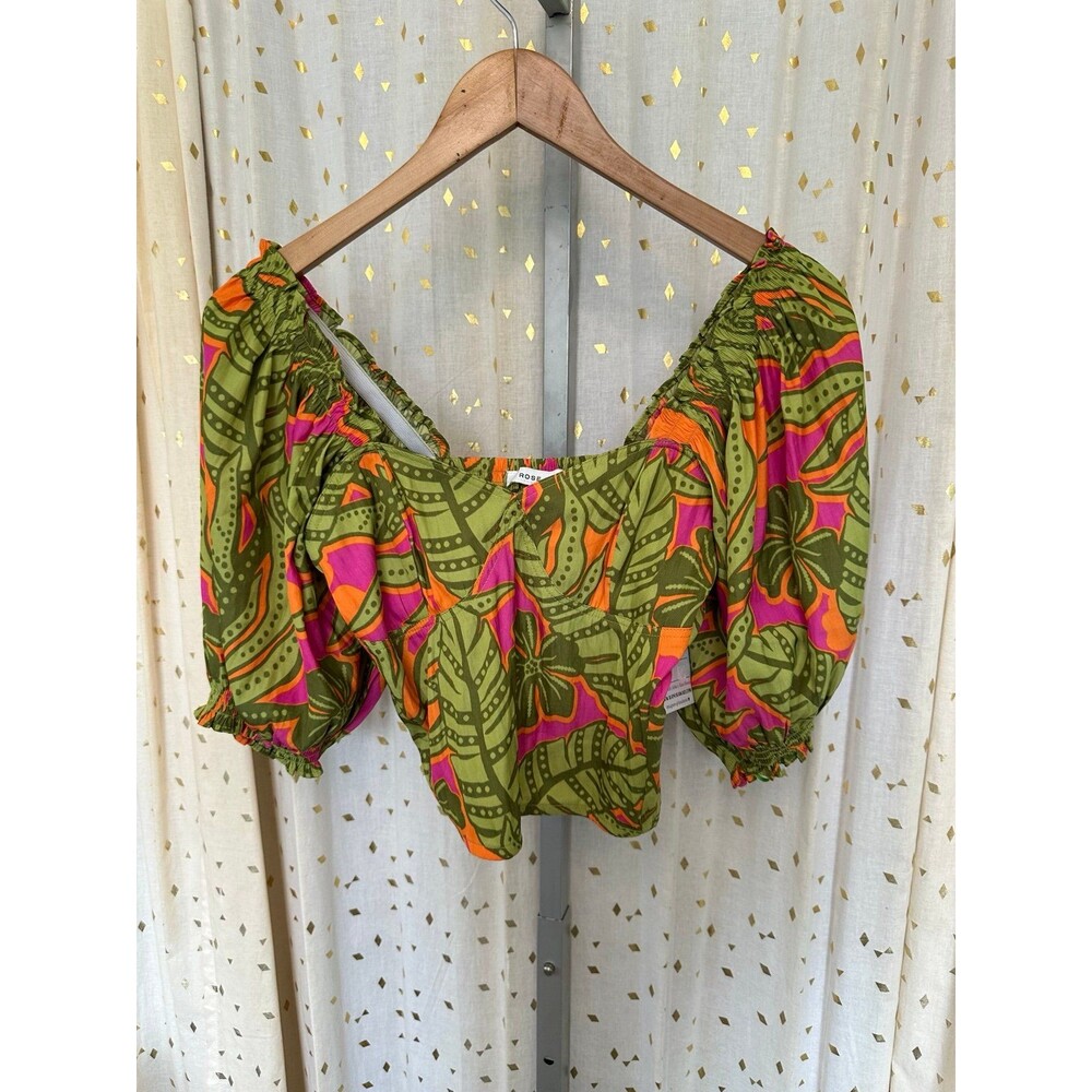 Rose + Olive Hawaiian Tropical Floral Puff Balloon Sleeve Smocked Crop Top S - Picture 2 of 7